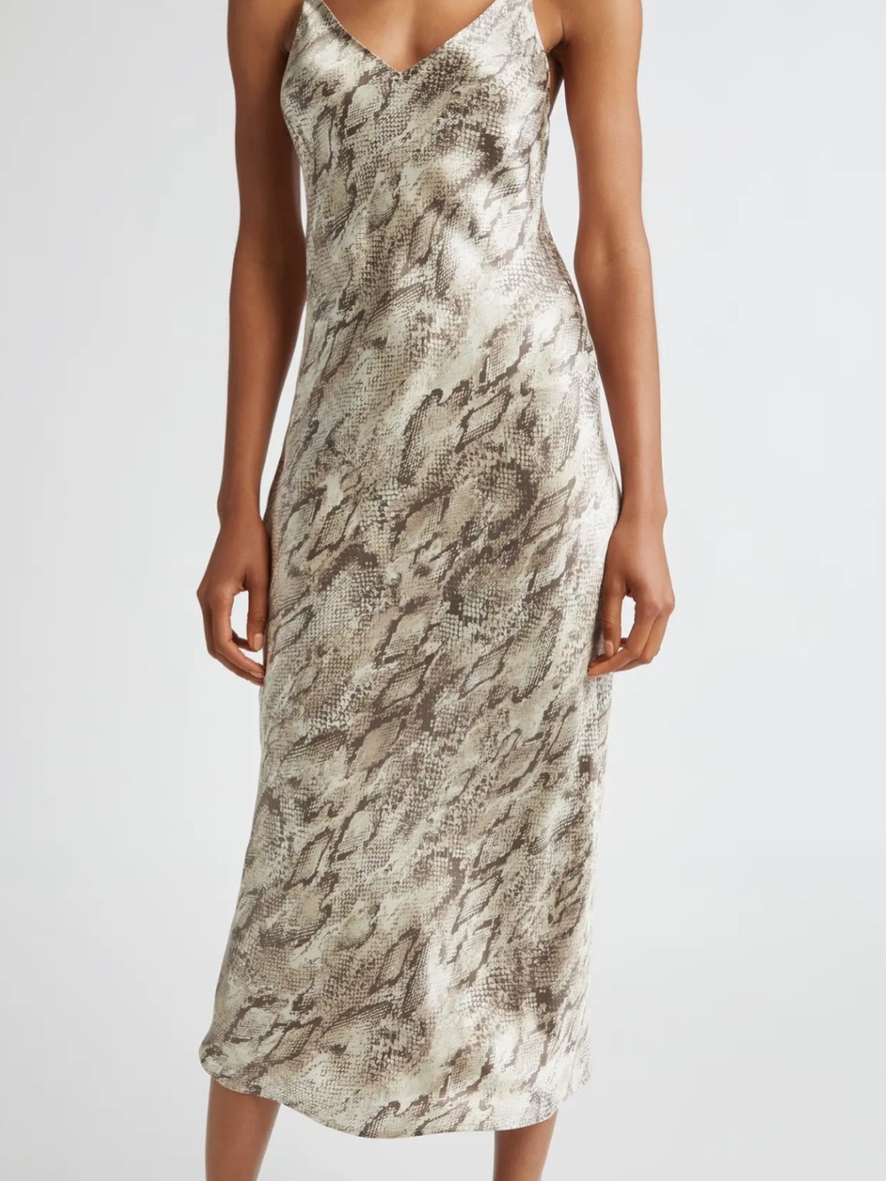 L'AGENCE Neutral Snake-Print Slip Midi Dress